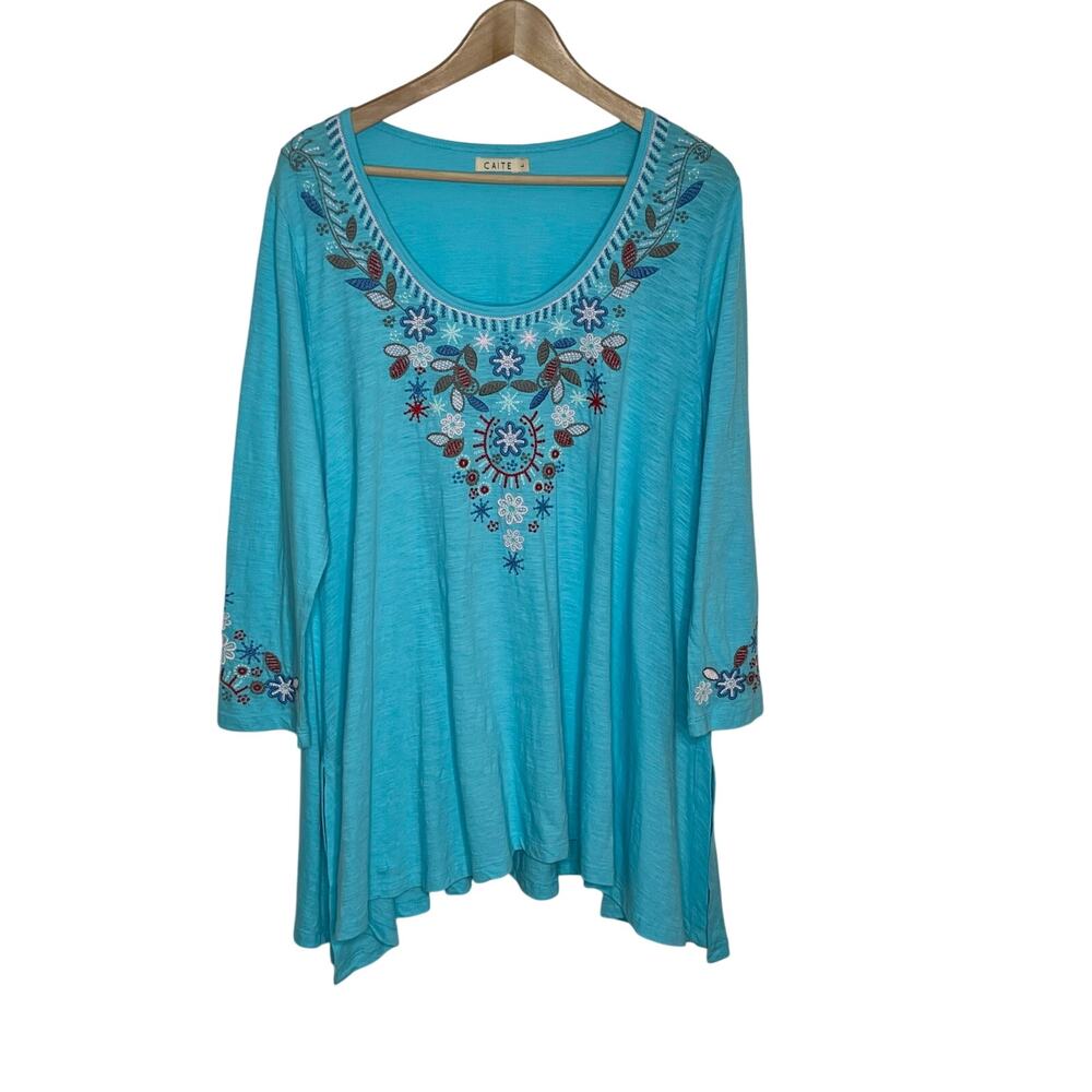 Cathy Daniels Turquoise Embroidered V-Neck Tunic